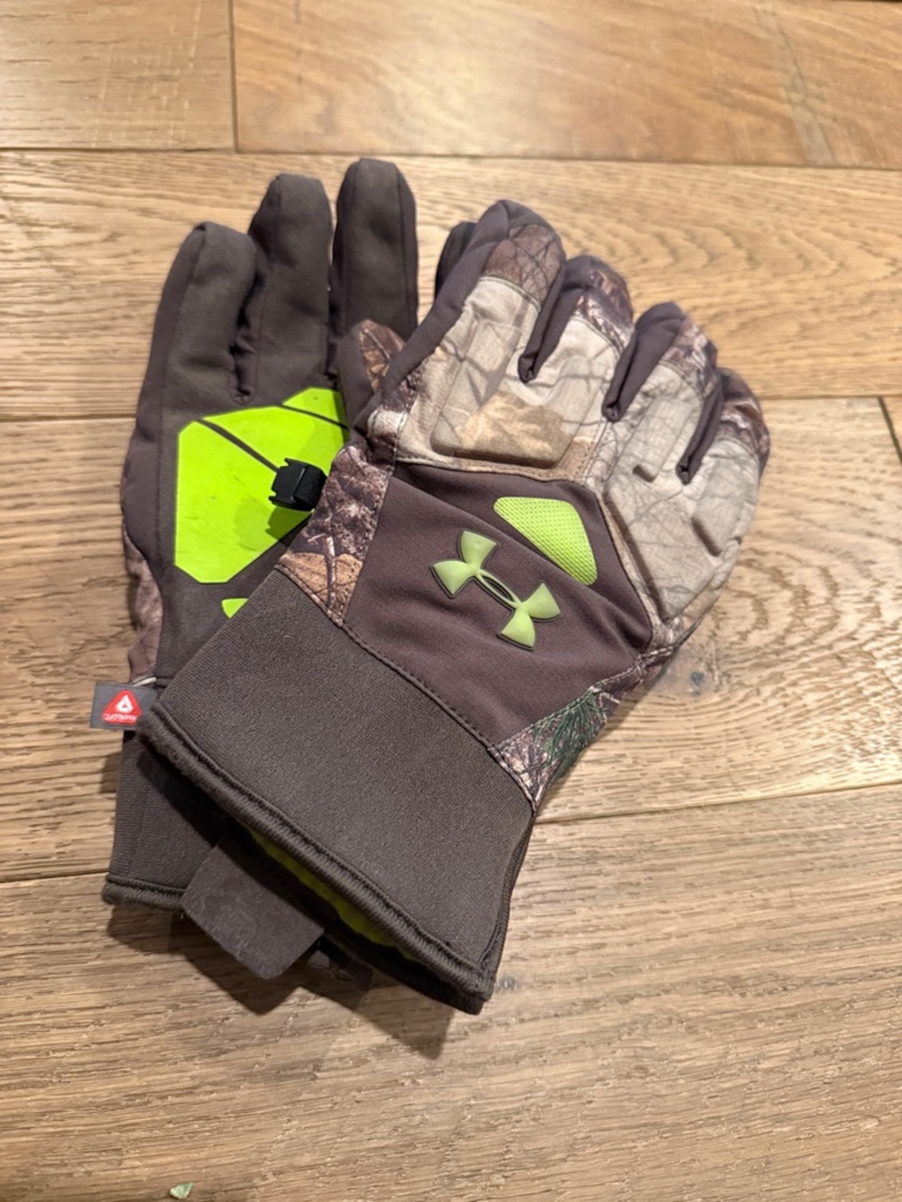 Under Armour Camo Gloves with Neon Green Accents